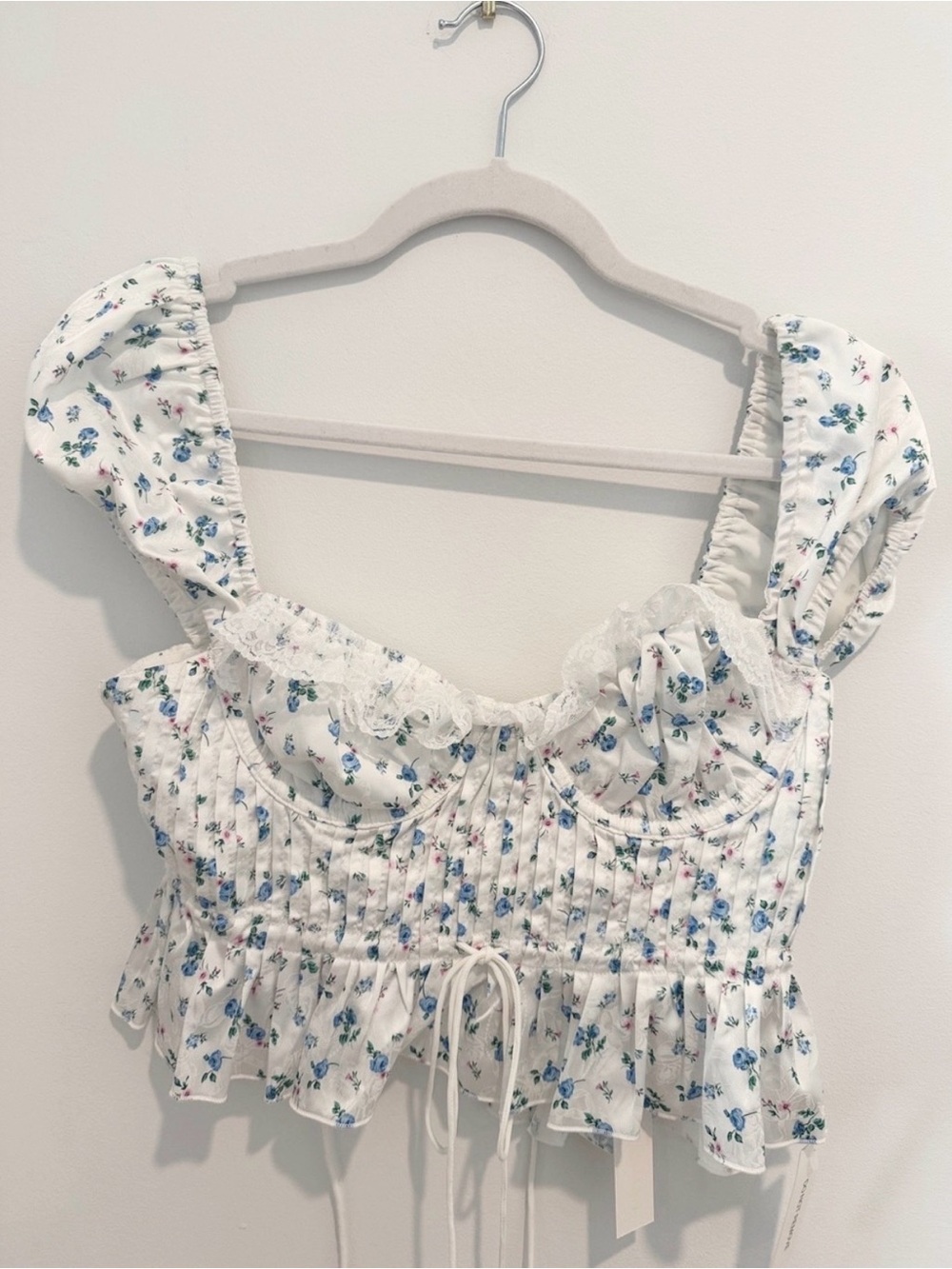 For Love and Lemons: White Floral Lace-Trim Cropped Peplum Top